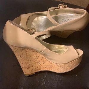 Guess Cristin Tan Nude Patent Cork Wedge